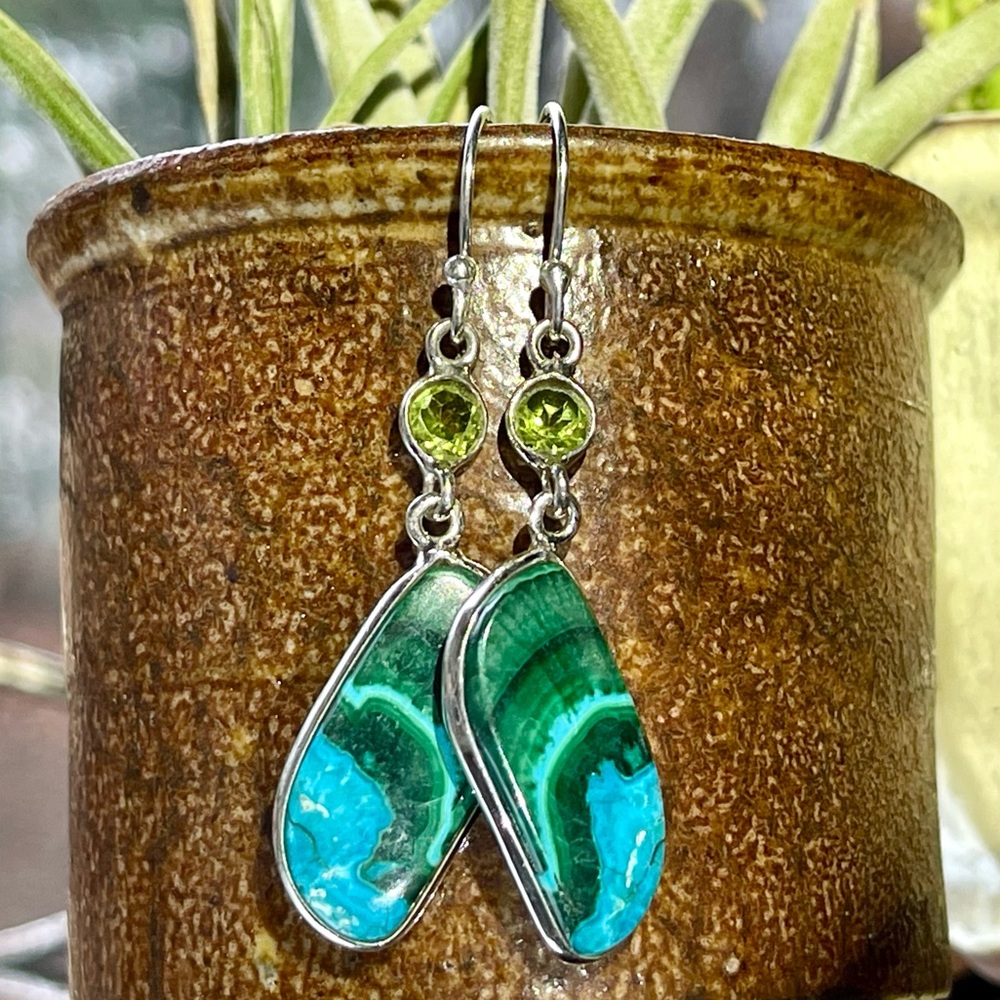 Rare Natural Malachite in Chrysocolla & Peridot Sterling Silver Earrings